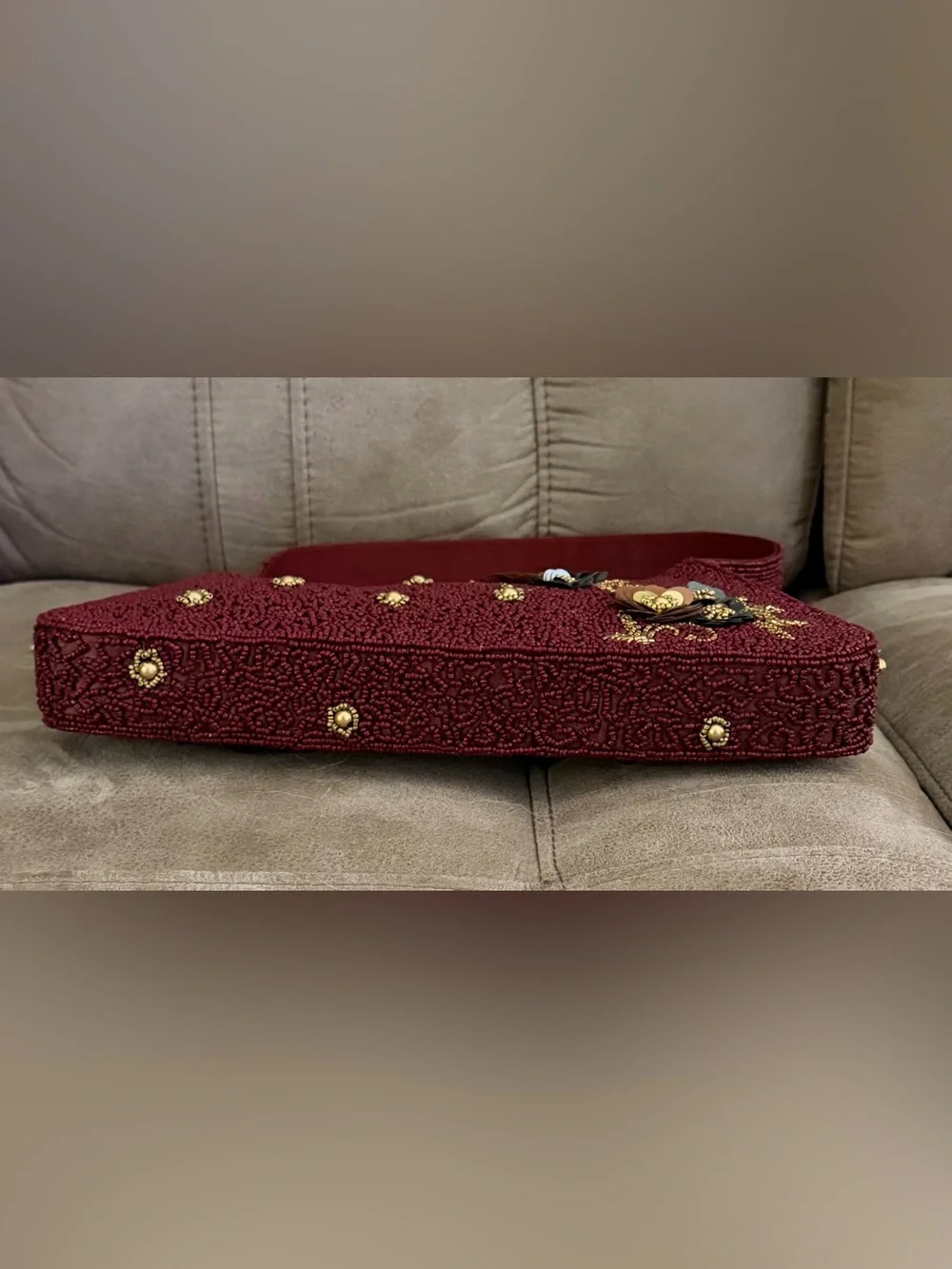 Burgundy Beaded Floral Applique Shoulder Bag